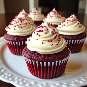 A tempting display of red velvet cupcakes with swirl frosting and vibrant sprinkles inviting everyone to indulge.