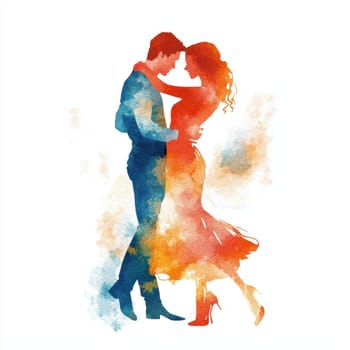 A romantic couple dancing in vibrant watercolor style, expressing love and joy