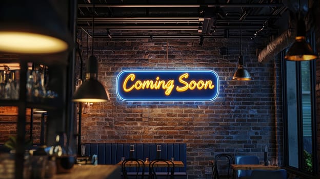 A vibrant neon coming soon sign illuminates an industrial-style cafe with exposed brick walls. the warm, ambient lighting and sleek furnishings enhance the modern, trendy atmosphere, perfect for promotional and design inspiration.