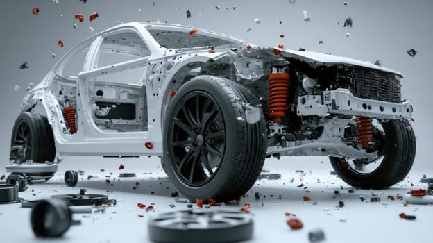 Car X-ray: disassembled car parts, transparent body, automotive engineering, suspension design, technological elements, interior design, innovative solutions, car mechanics, high technology