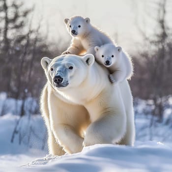 A magnificent polar bear carries two adorable cubs on its back while navigating a snowy terrain.