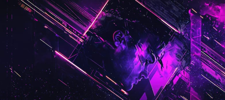 A visually striking digital artwork featuring a sleek neon purple color scheme with abstract glitch designs. the futuristic theme is highlighted by a rectangular frame and geometric patterns, perfect for modern design and technological concepts.