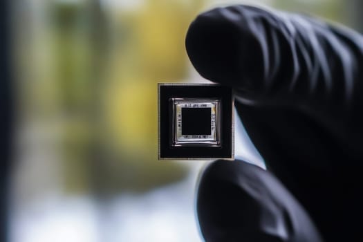 A close-up view of a hand holding a microchip, showcasing technology and innovation in the electronic industry..