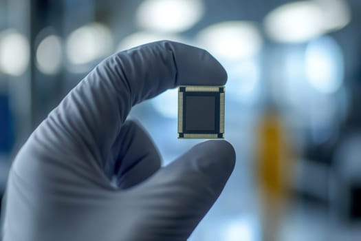 A close-up view of a hand holding a microchip, showcasing technology and innovation in the electronic industry..