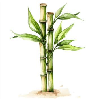 A Watercolor bamboo shoots with vibrant green leaves, showcasing nature beauty