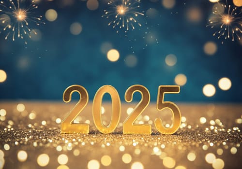 Golden numbers glimmer under festive lights, welcoming 2025 amidst bursts of colorful fireworks and joy.
