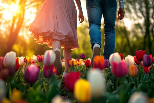 Loving couple walking in field. feet close up on walking on a tulip flower landscape..