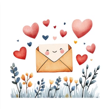 A Cute envelope surrounded by colorful hearts and flowers, expressing love and joy. Perfect for romantic themes and greetings