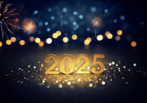 Golden numbers mark 2025's arrival, surrounded by sparkling lights and vibrant fireworks for new beginnings.