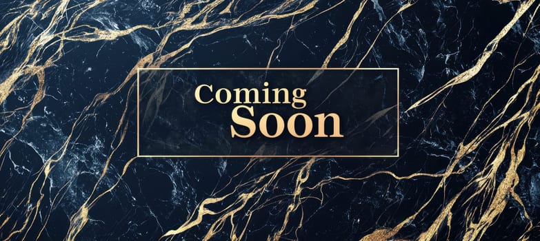 Luxurious black marble background with striking golden veins serves as the backdrop for a coming soon banner. centralized golden text with glowing accents adds sophistication, offering ample space for branding in a refined, elegant style.