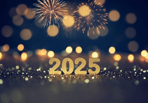 Sparkling numbers representing the year 2025 glow beneath colorful fireworks and shimmering lights, creating joy.