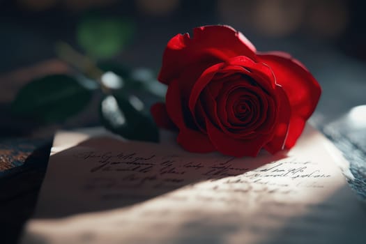 single red rose lying on handwritten poem, symbolizing love and emotion. soft light enhances romantic atmosphere..