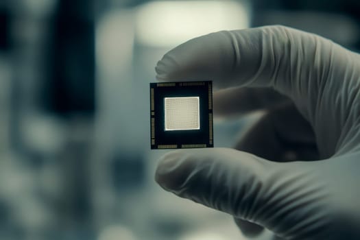 A close-up view of a hand holding a microchip, showcasing technology and innovation in the electronic industry..