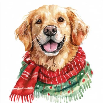 A joyful golden retriever showcases its playful spirit while dressed in a cozy scarf, radiating happiness.