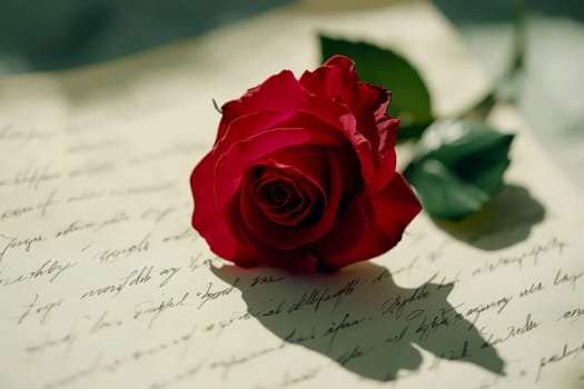 single red rose lying on handwritten poem, symbolizing love and emotion. soft light enhances romantic atmosphere..