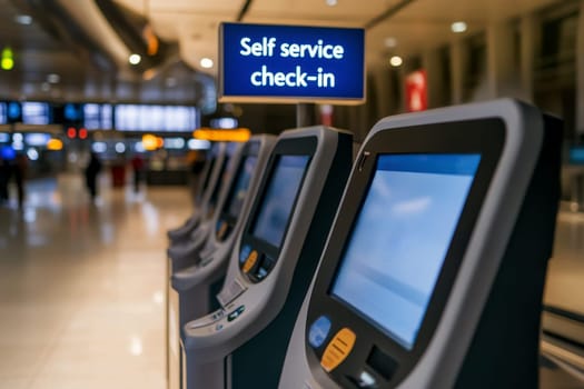 Modern check-in counters with self service kiosks in airport. generative ai..