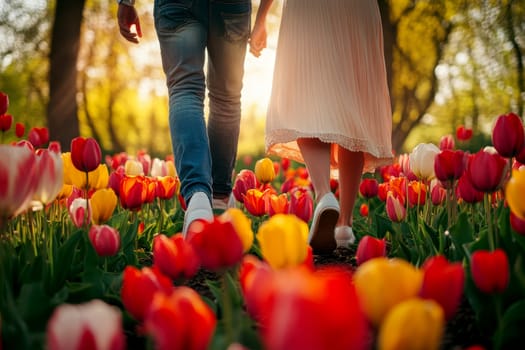 Loving couple walking in field. feet close up on walking on a tulip flower landscape..