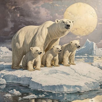 A majestic polar bear stands protectively over her three playful cubs on an ice floe, bathed in moonlight.