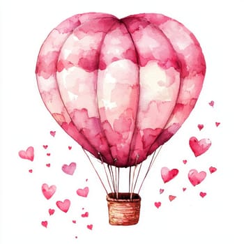 A whimsical hot air balloon in heart shape, surrounded by floating hearts, evokes sense of love and adventure. Perfect for romantic themes
