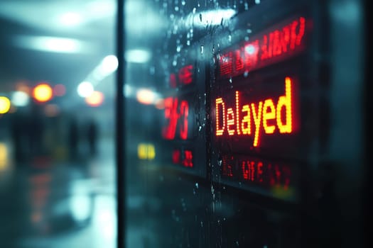 Delayed Flights. Airport Departure Board Reflecting Widespread Disruptions..