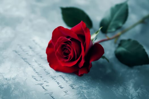 single red rose lying on handwritten poem, symbolizing love and emotion. soft light enhances romantic atmosphere..