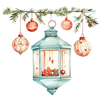 A charming lantern adorned with colorful ornaments and greenery, perfect for festive decor
