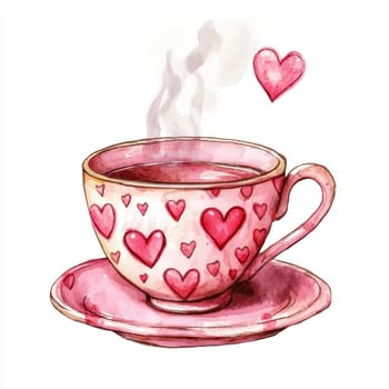 A charming teacup with heart patterns, steaming with warmth and love. Perfect for cozy moments