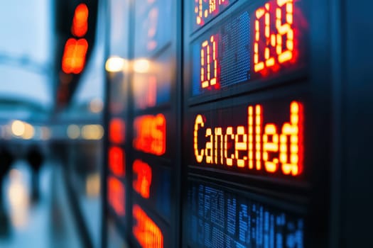 View of Cancelled flight display on Flight boarding in airport. generative ai. High quality illustration