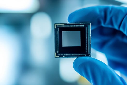 A close-up view of a hand holding a microchip, showcasing technology and innovation in the electronic industry..
