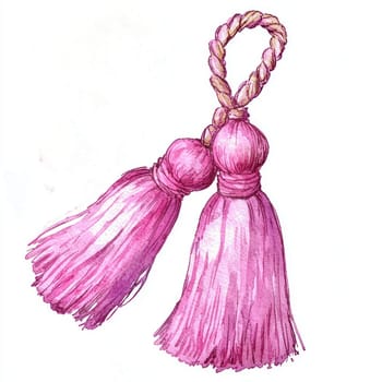A Watercolor style depiction of cute pink silk tassel with braided loop, showcasing its delicate texture and vibrant color