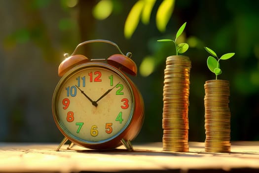 coins stacks with tree growing on top and clock alarm, nature background, money, saving and investment or family planning concept. High quality illustration