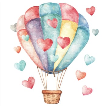 A colorful hot air balloon surrounded by hearts creates whimsical scene. Perfect for expressing love and joy