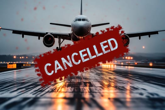 Canceled flight ticket, blurred airplane in the background..