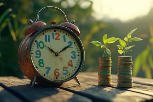 coins stacks with tree growing on top and clock alarm, nature background, money, saving and investment or family planning concept..