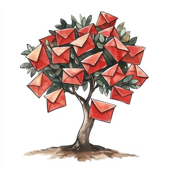 A whimsical tree adorned with vibrant red envelopes, symbolizing communication and connection