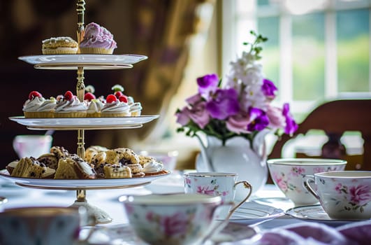 Elegant table setting for tea party with cakes and cupcakes in English manor. Selective focus. Vintage style