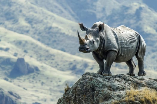Black wild Rhinoceros Standing on big Rocky Terrain with Scenic Landscape Background for Text Overlay --ar 3:2 --v 6.1 Job ID: 0d850c6b-3287-4d1b-88cc-c800a9cb1919