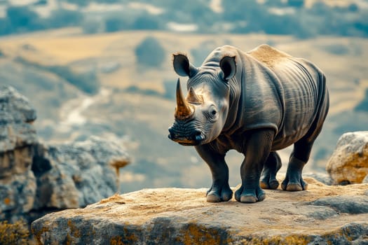 A Rhinoceros Standing on Rocky Terrain with Scenic Landscape Background. generative ai ..
