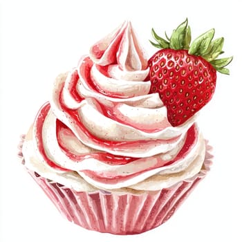 A Delicious strawberry cupcake with swirled frosting and fresh berry on top
