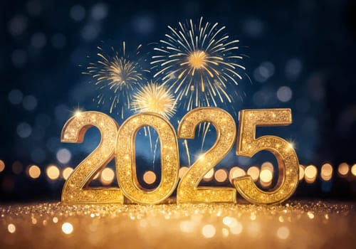 Golden numbers symbolize 2025, surrounded by sparkling lights and colorful fireworks bursting joyfully.