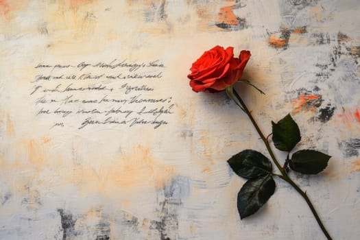 single red rose lying on handwritten poem, symbolizing love and emotion. soft light enhances romantic atmosphere..