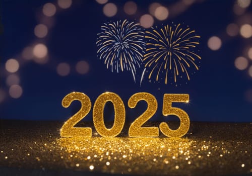 Golden numbers representing 2025 shine brightly, surrounded by dazzling fireworks lighting up the night.