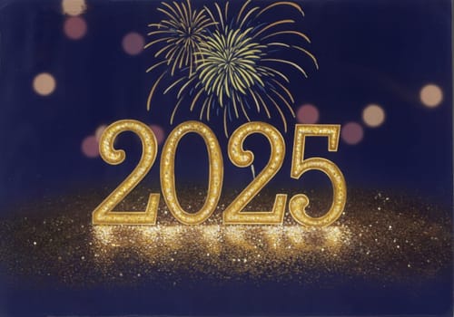 Sparkling numbers stand tall to welcome 2025 amid vibrant fireworks lighting up the night sky, creating excitement.