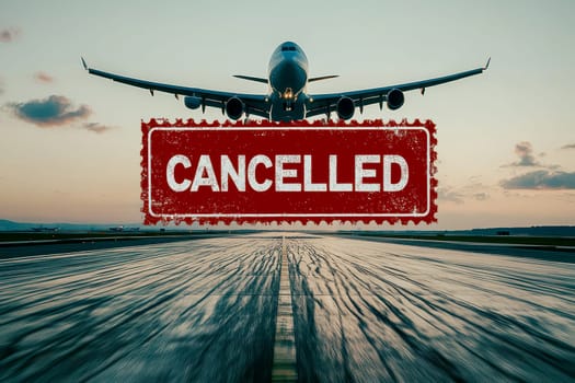 Canceled flight ticket, blurred airplane in the background..