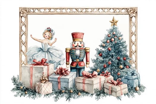 A delightful holiday setting showcases a nutcracker and a ballet dancer among beautifully wrapped gifts and a tree.
