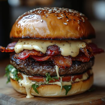 Indulge in a delicious burger piled high with crispy bacon, fresh greens, and gooey cheese, prepared with care.