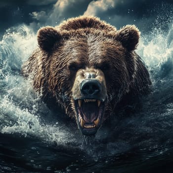 Powerful grizzly bear charges through dark waves, its roar resonating amidst dramatic clouds and stormy weather.