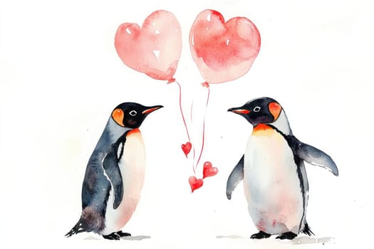 A Cheerful penguins holding heart balloons, expressing love and joy