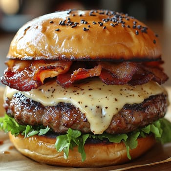 Indulge in a decadent burger piled high with crispy bacon, fresh greens, and velvety sauce.