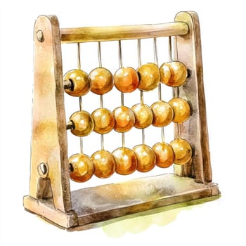 A Watercolor style depiction of wooden abacus with round beads, showcasing its educational charm and nostalgic appeal
